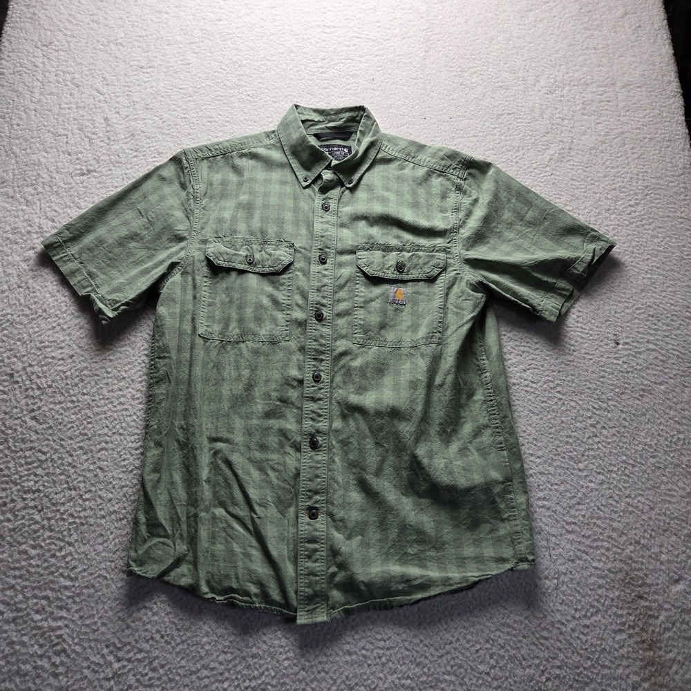 Carhartt Shirt Mens Medium Green Check Short Sleeve Cotton Workwear Button-Up